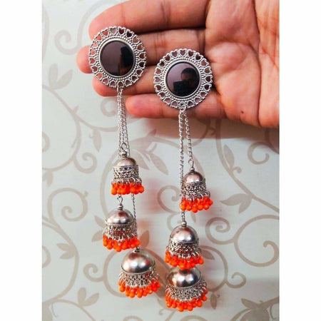 MS Fashion India Kashmiri Triple Orange Color Pearls Hanging Jhumka Earrings