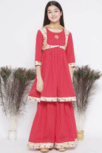 Little Bansi Floral Embroidery Jacket With Cotton Kantha Frock Sharara And Dupatta With Ghungroo Handwork - Red
