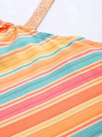 Ahalyaa Peach-Coloured & Blue Printed Striped Asymmetric Taselled Kaftan Kurta Palazzos - Distacart
