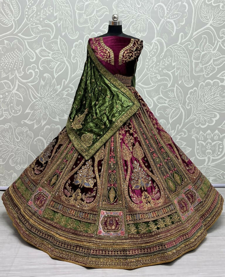 Jyoti Fashion Women's Purple Velvet Fancy Patch, Multi Thread Embroidered, Zircon Diamond, Sequins Work Wedding Lehenga Choli