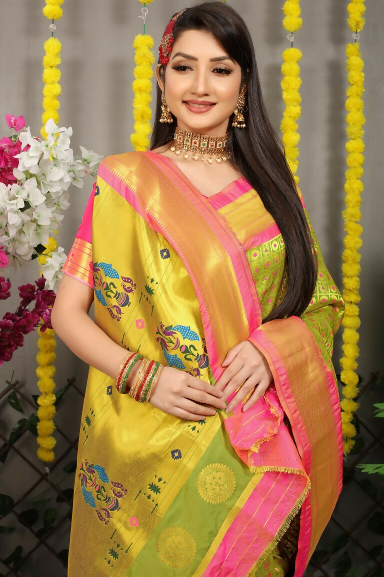 Jyoti Fashion Women's Green Banarasi Silk Zari Woven Saree with Blouse