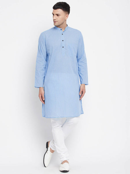 Even Apparels Blue Pure Cotton Men's Kurta With Band Collar