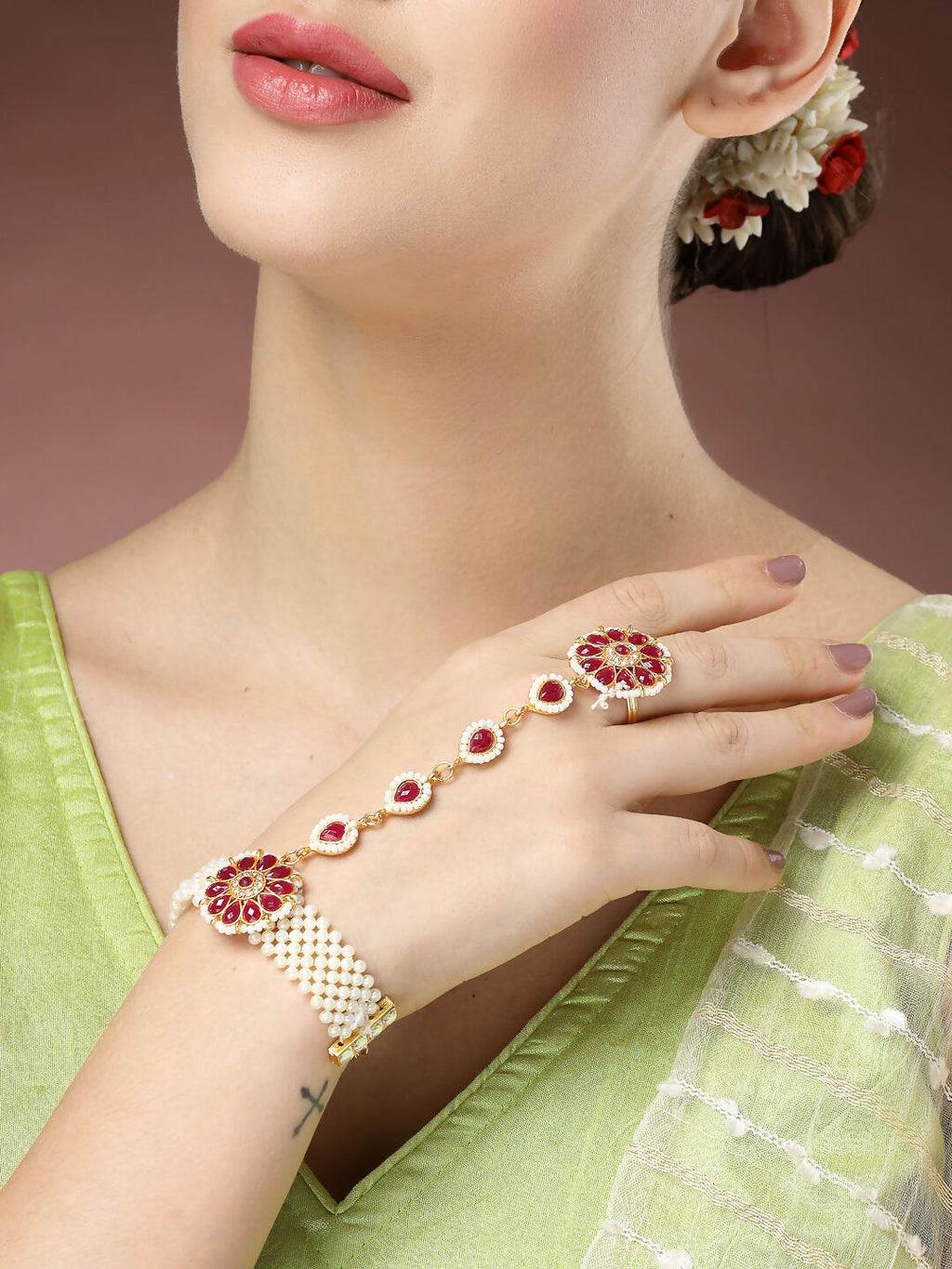 NVR Women's Red Gold-Polished Stone Studded Handcrafted Ring Bracelet - Distacart