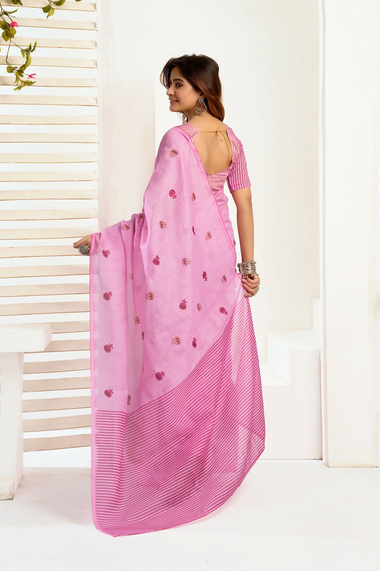 Vastranavya Baby Pink Digital Printed Linen Ready To Wear Designer Saree with Unstitched Blouse - Distacart