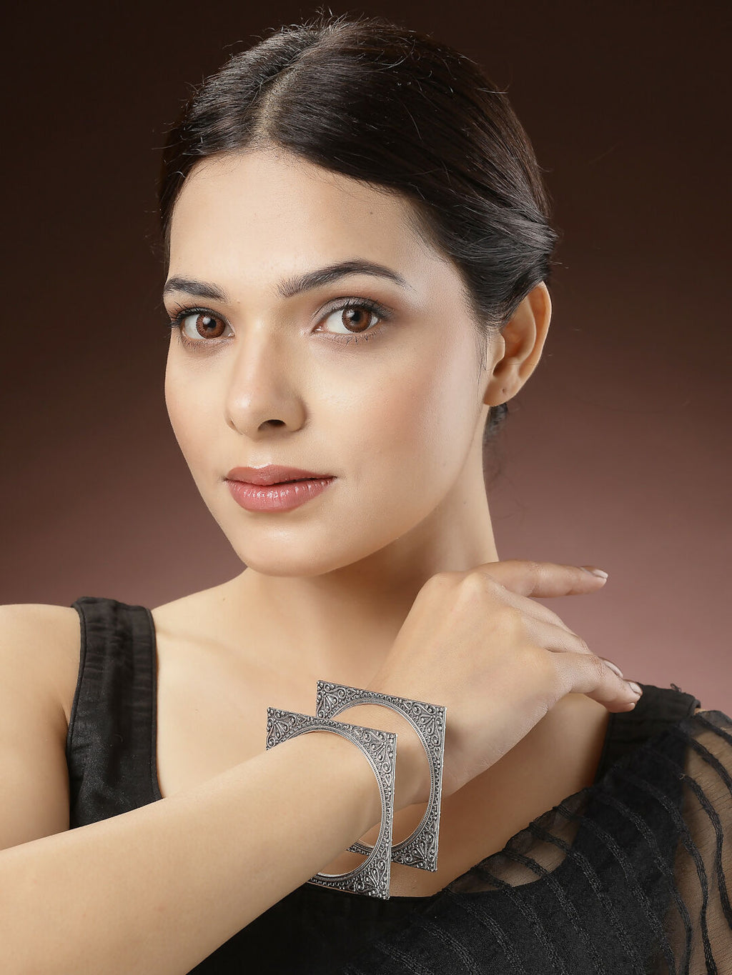 NVR Women's Set of 2 Silver-Toned Oxidized Square Shaped Bangles - Distacart