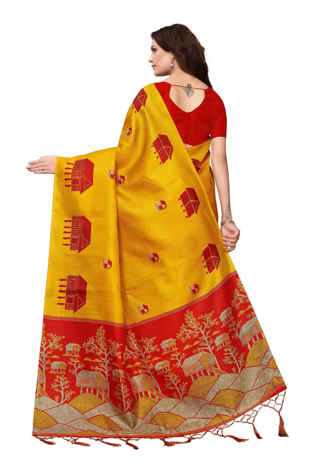 Vamika Latest Fashion Yellow & Red Kalamkari With Jhalar Khadi Silk Saree