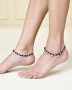 Jewels Nest Traditional Silver-Plated Black Beaded Anklet with Floral Charms - Distacart