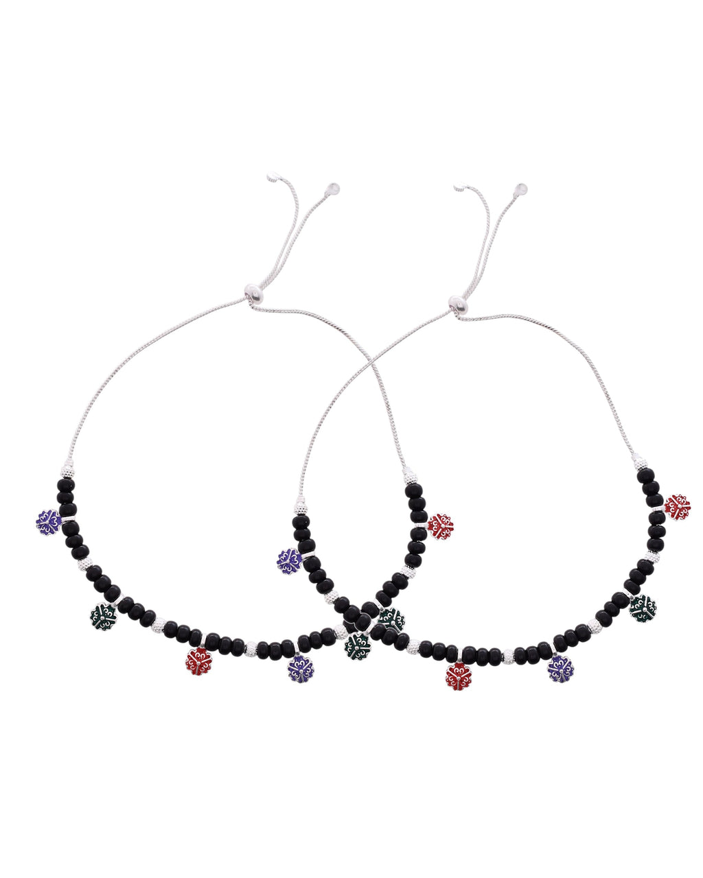 Jewels Nest Traditional Silver-Plated Black Beaded Anklet with Floral Charms - Distacart