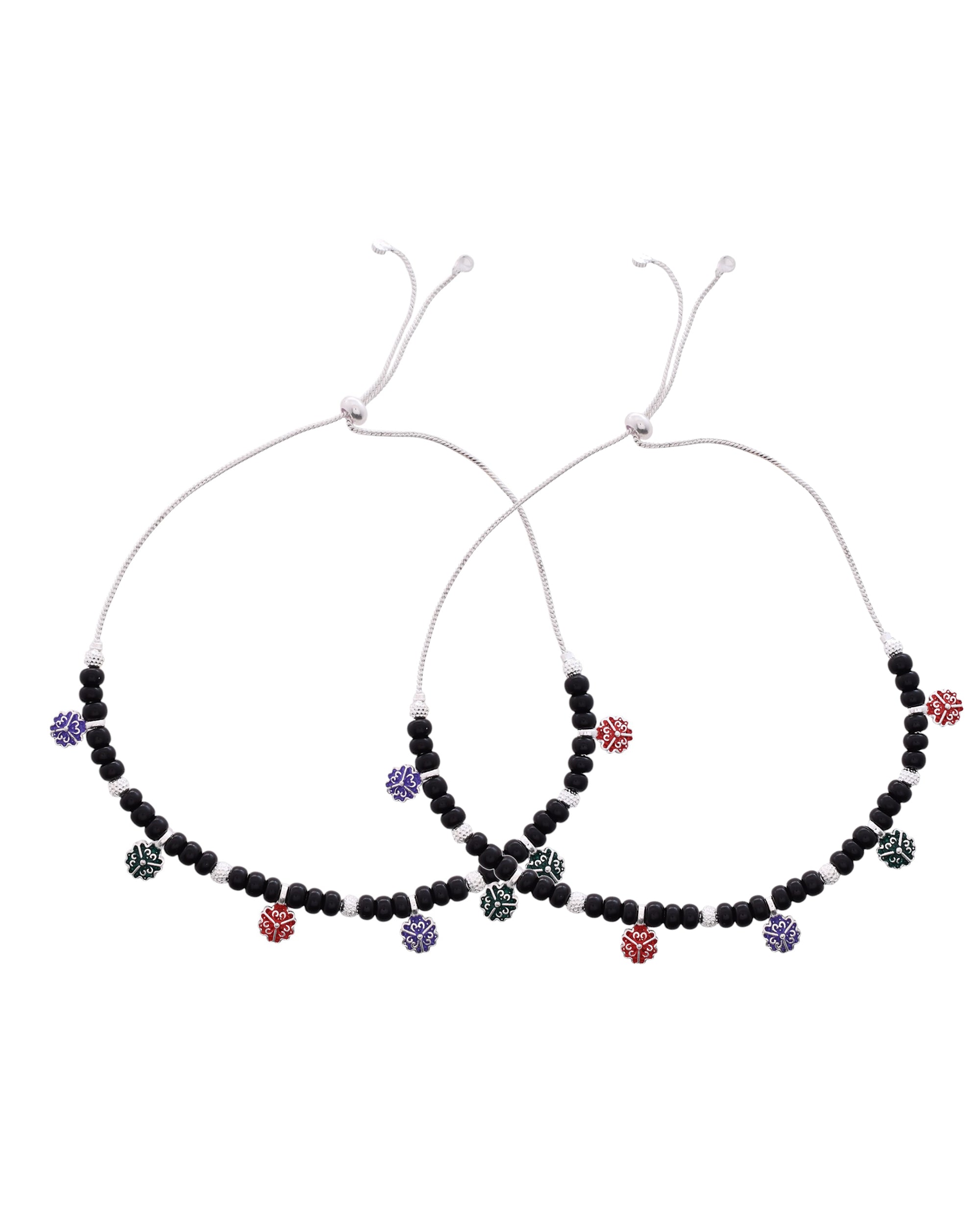 Jewels Nest Traditional Silver-Plated Black Beaded Anklet with Floral Charms - Distacart
