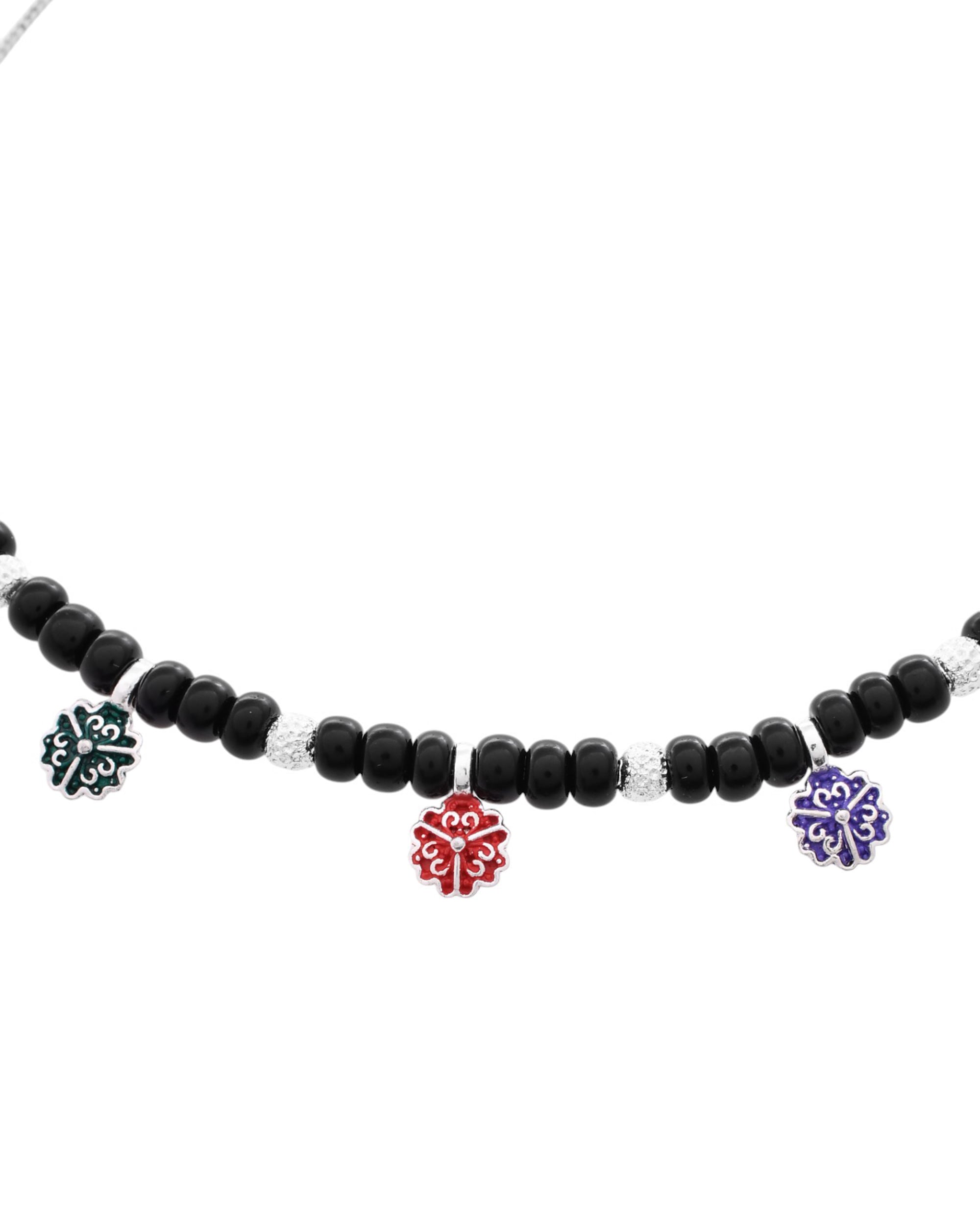 Jewels Nest Traditional Silver-Plated Black Beaded Anklet with Floral Charms - Distacart