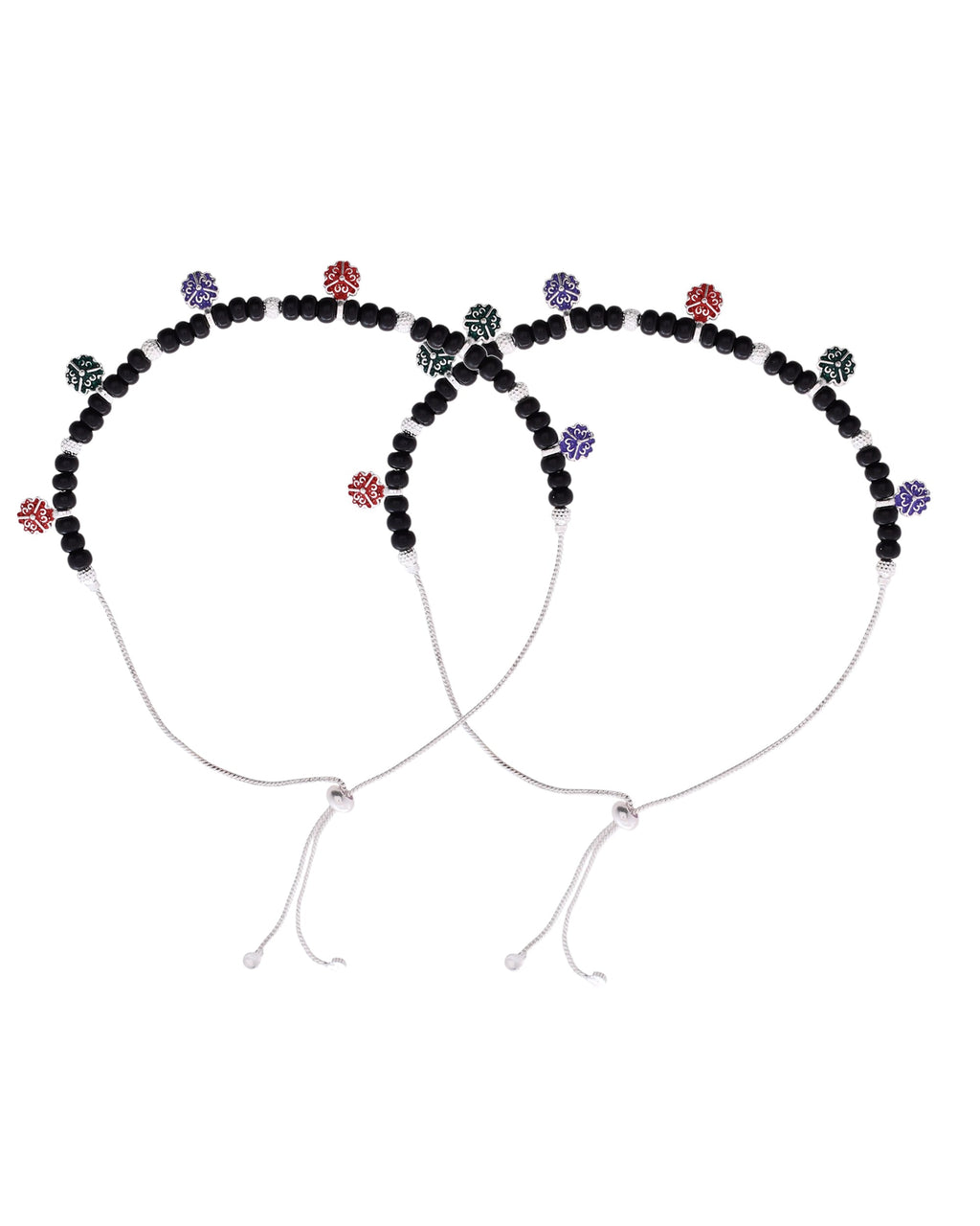 Jewels Nest Traditional Silver-Plated Black Beaded Anklet with Floral Charms - Distacart