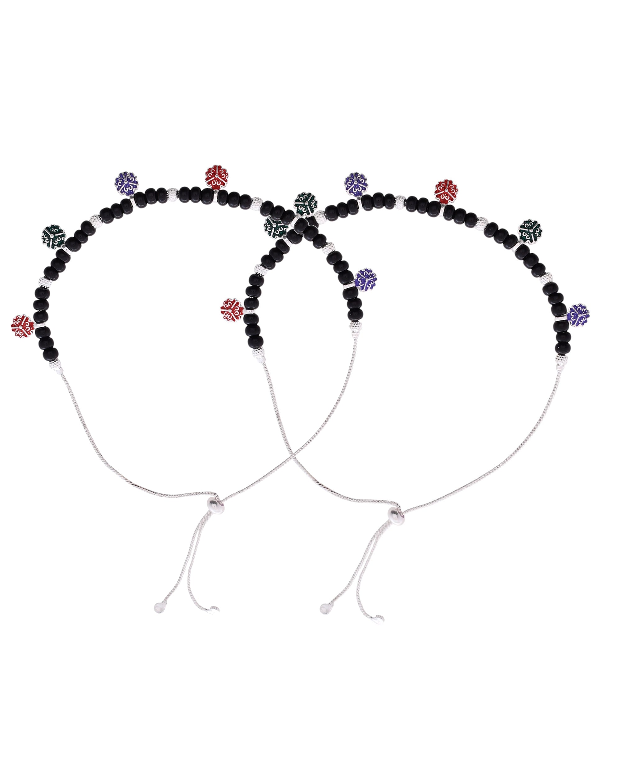 Jewels Nest Traditional Silver-Plated Black Beaded Anklet with Floral Charms - Distacart