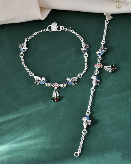 Jewels Nest Elegant Silver-Plated Oxidized Floral Charm Ankle