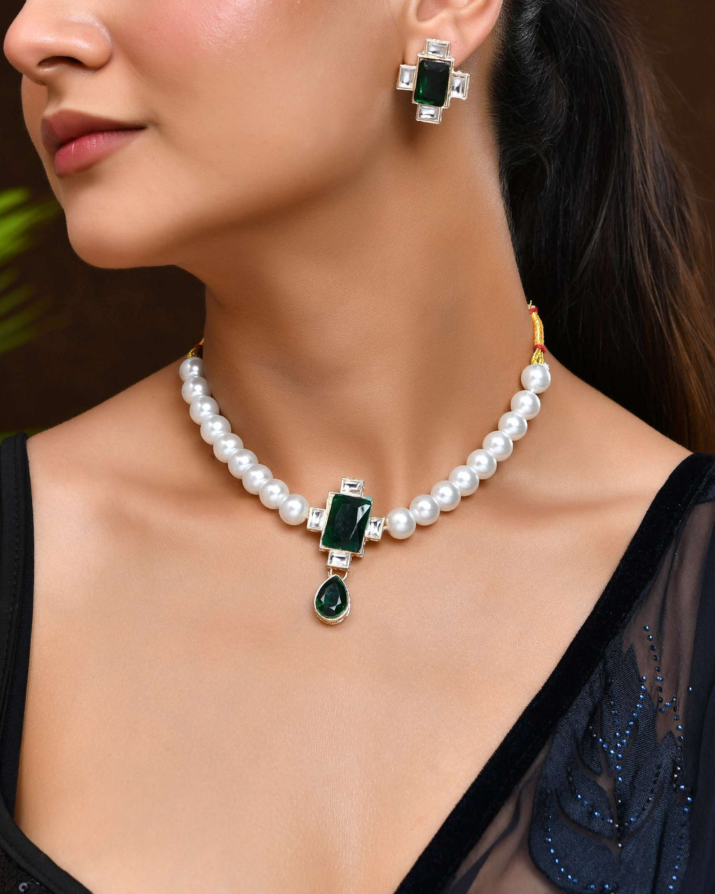 Jewels Nest Kundan Inspired Pearl and Green Stone Bridal Necklace