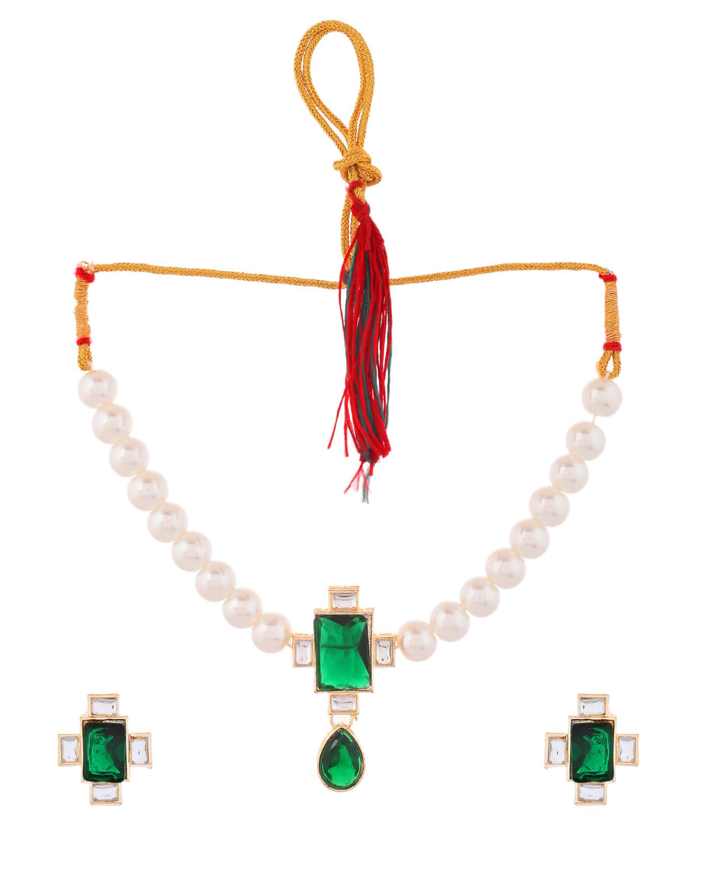 Jewels Nest Kundan Inspired Pearl and Green Stone Bridal Necklace