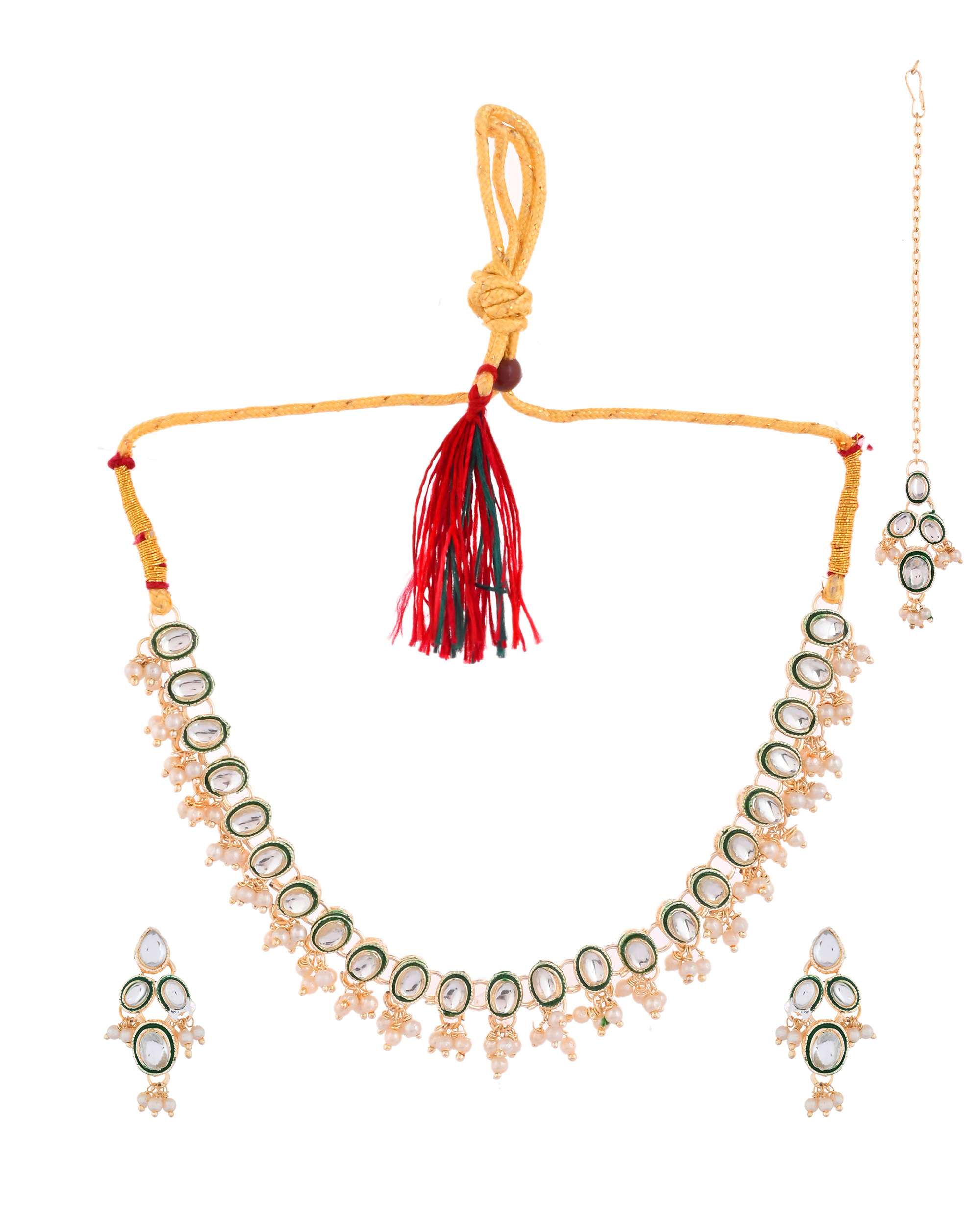 Jewels Nest Gold-Toned Green & White Kundan-Style Pearl Choker Set