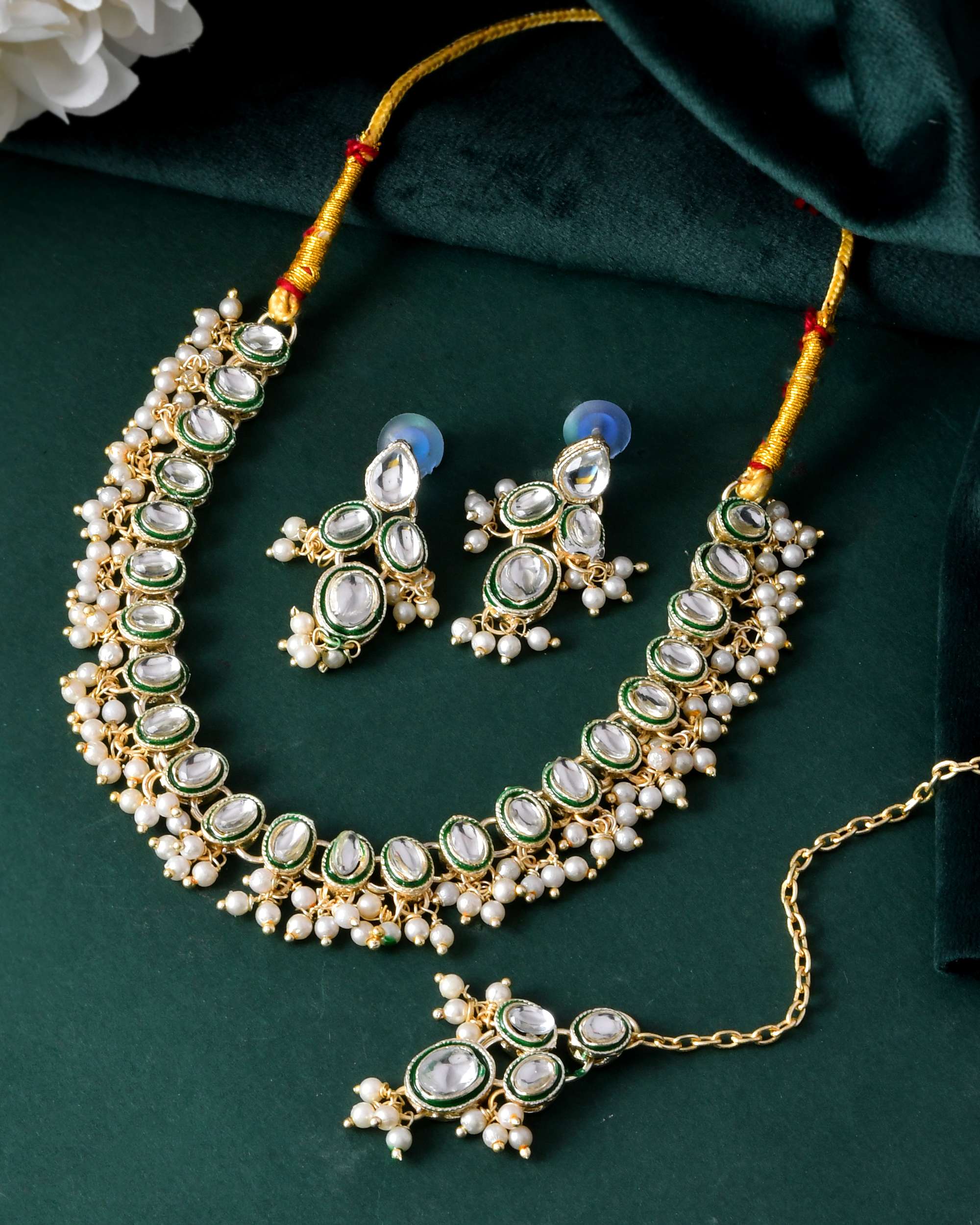 Jewels Nest Gold-Toned Green & White Kundan-Style Pearl Choker Set