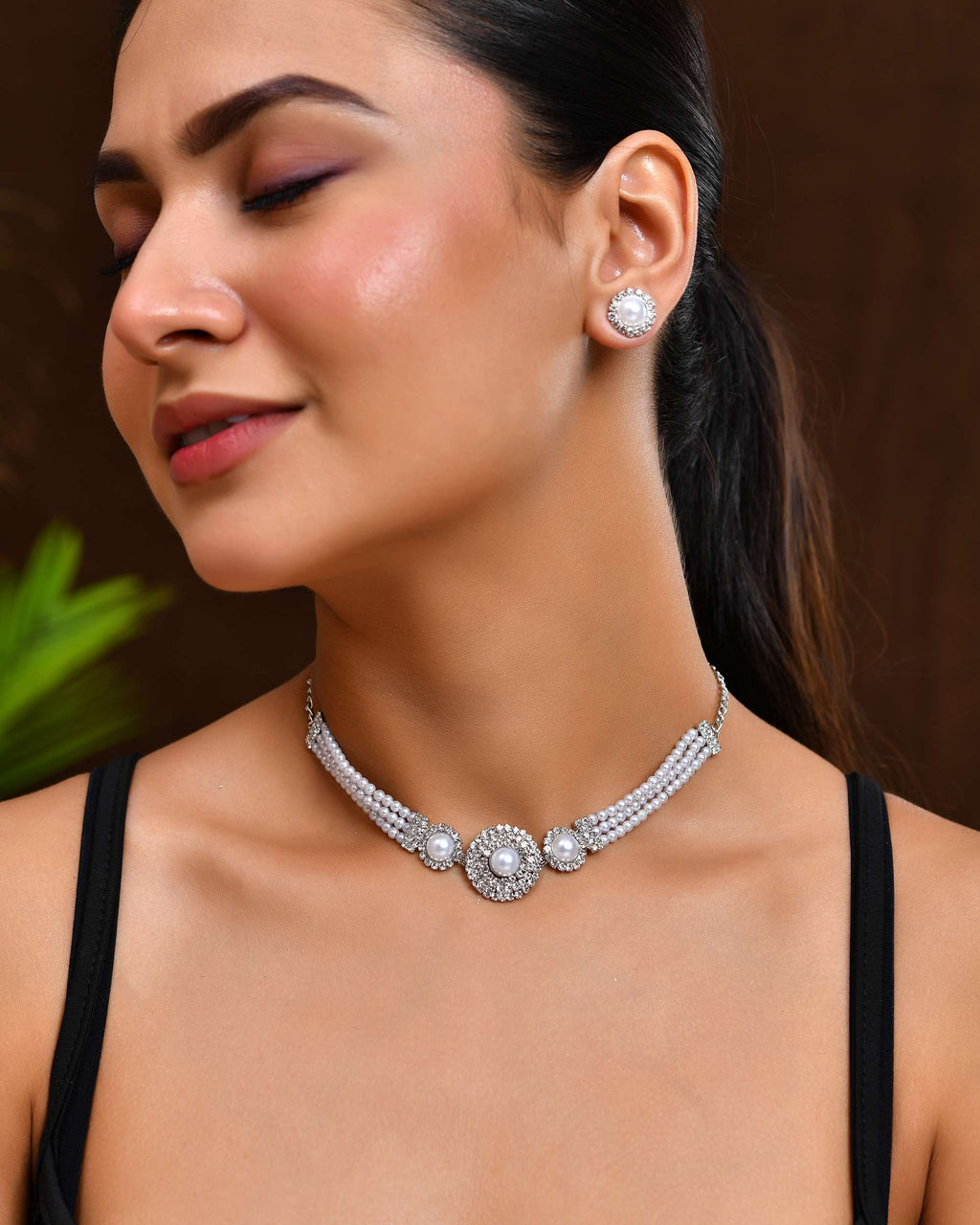 Jewels Nest Elegant White Bead & AD-Studded Traditional Choker for Women
