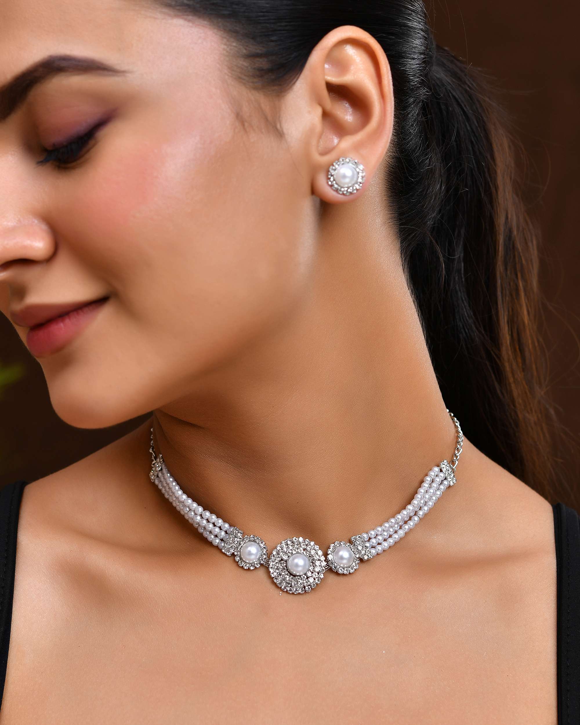 Jewels Nest Elegant White Bead & AD-Studded Traditional Choker for Women