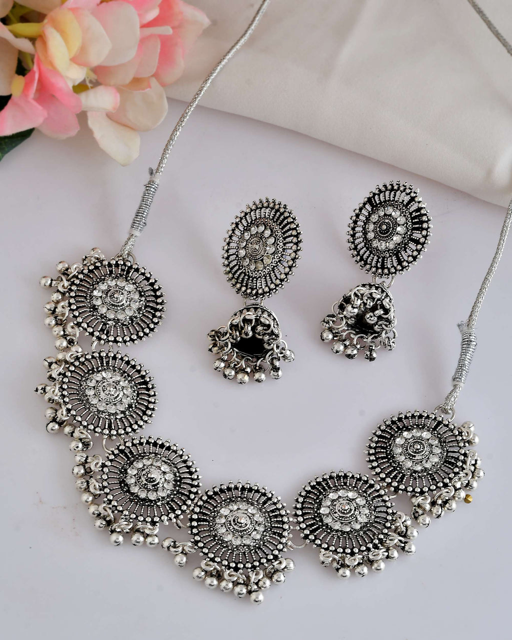 Jewels Nest Boho Inspired Adjustable Necklace with Dome Jhumkas