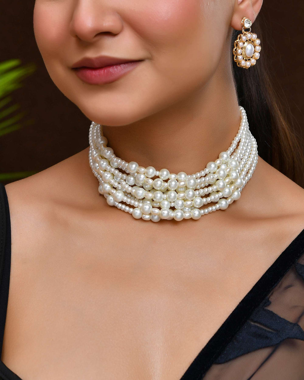 Jewels Nest Multi-Strand Pearl Necklace with Kundan-Inspired Pendant & Earrings