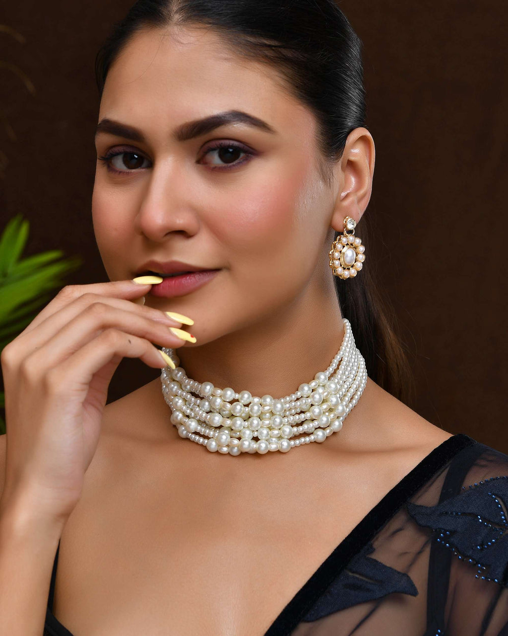Jewels Nest Multi-Strand Pearl Necklace with Kundan-Inspired Pendant & Earrings