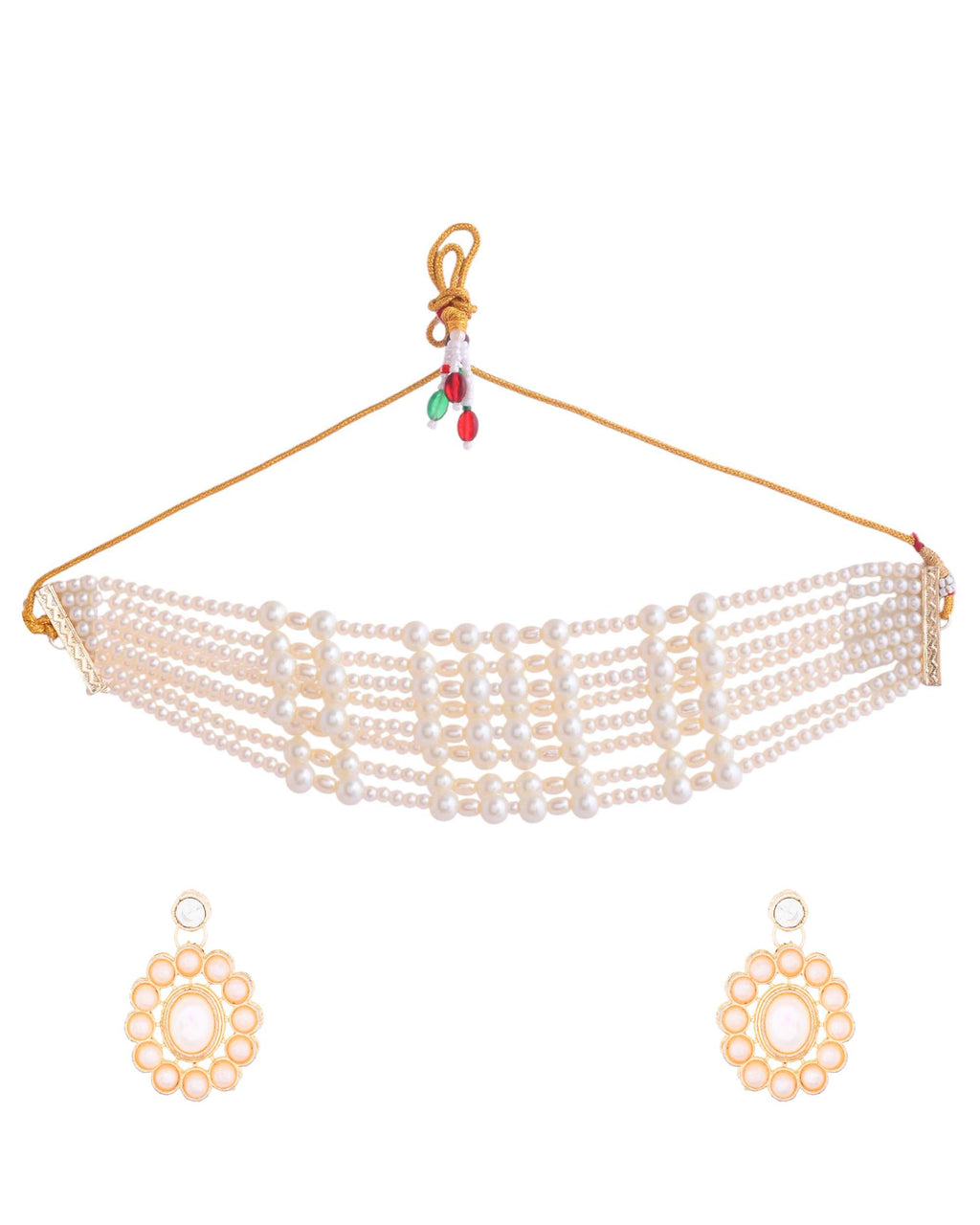 Jewels Nest Multi-Strand Pearl Necklace with Kundan-Inspired Pendant & Earrings