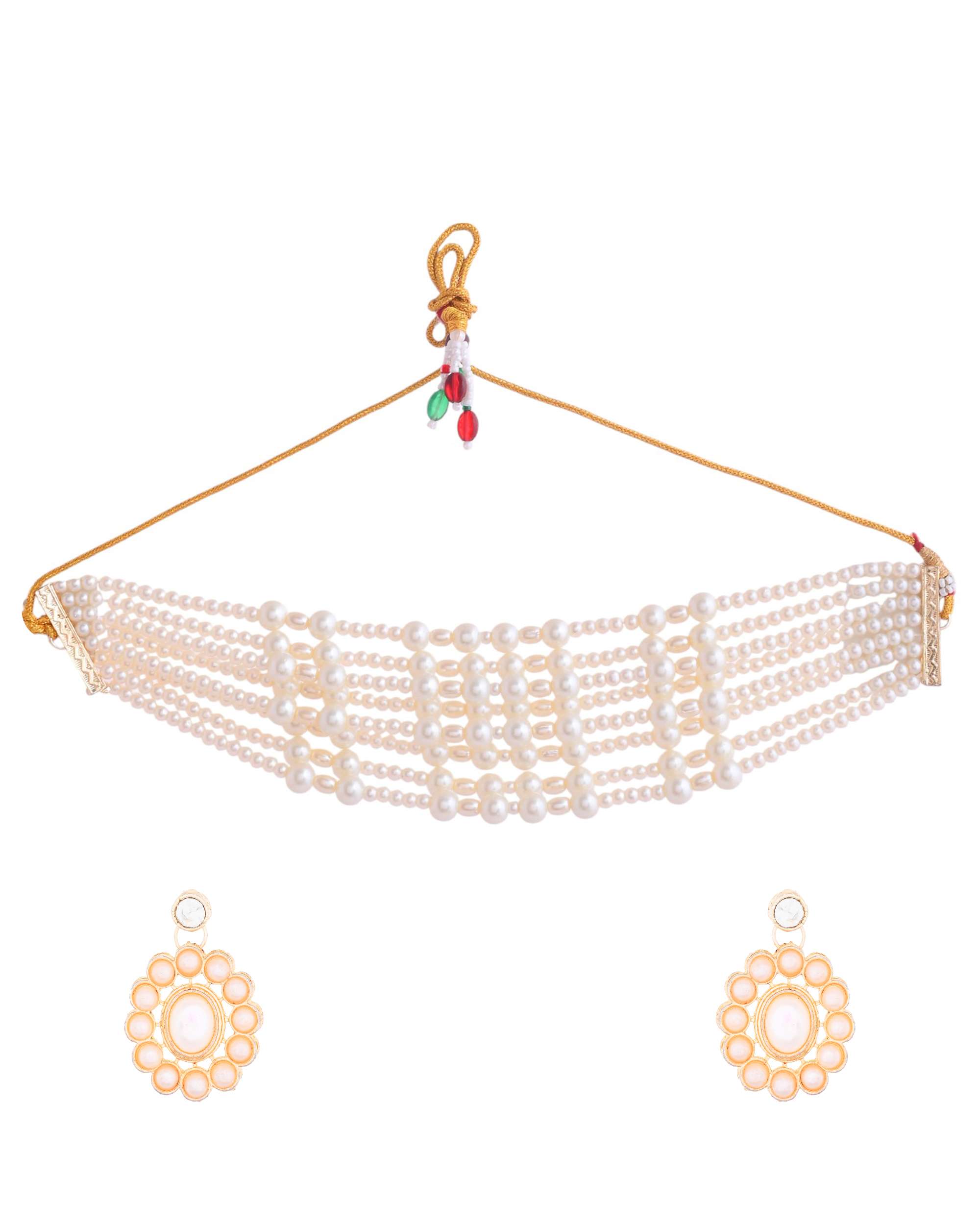 Jewels Nest Multi-Strand Pearl Necklace with Kundan-Inspired Pendant & Earrings