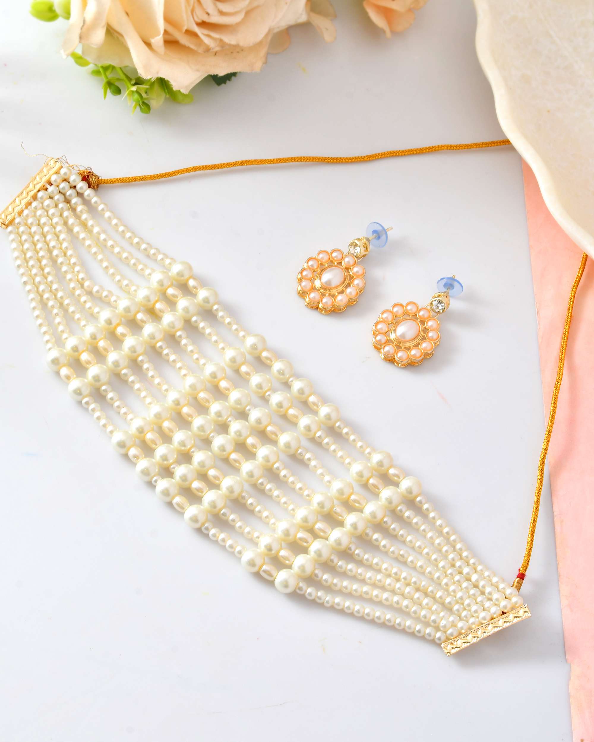 Jewels Nest Multi-Strand Pearl Necklace with Kundan-Inspired Pendant & Earrings