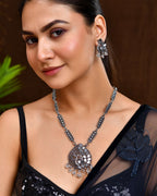 Jewels Nest Antique Long Oxidised Necklace Set with Statement Pendant