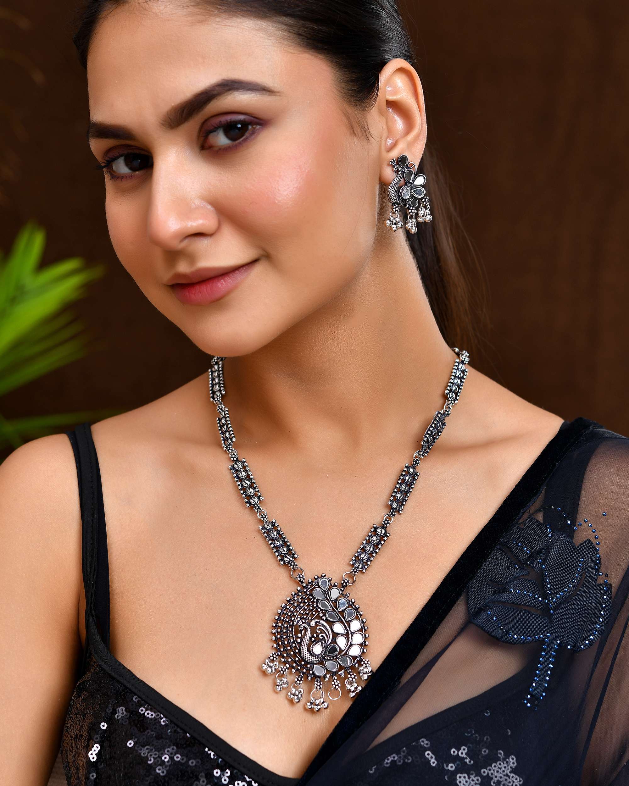 Jewels Nest Antique Long Oxidised Necklace Set with Statement Pendant