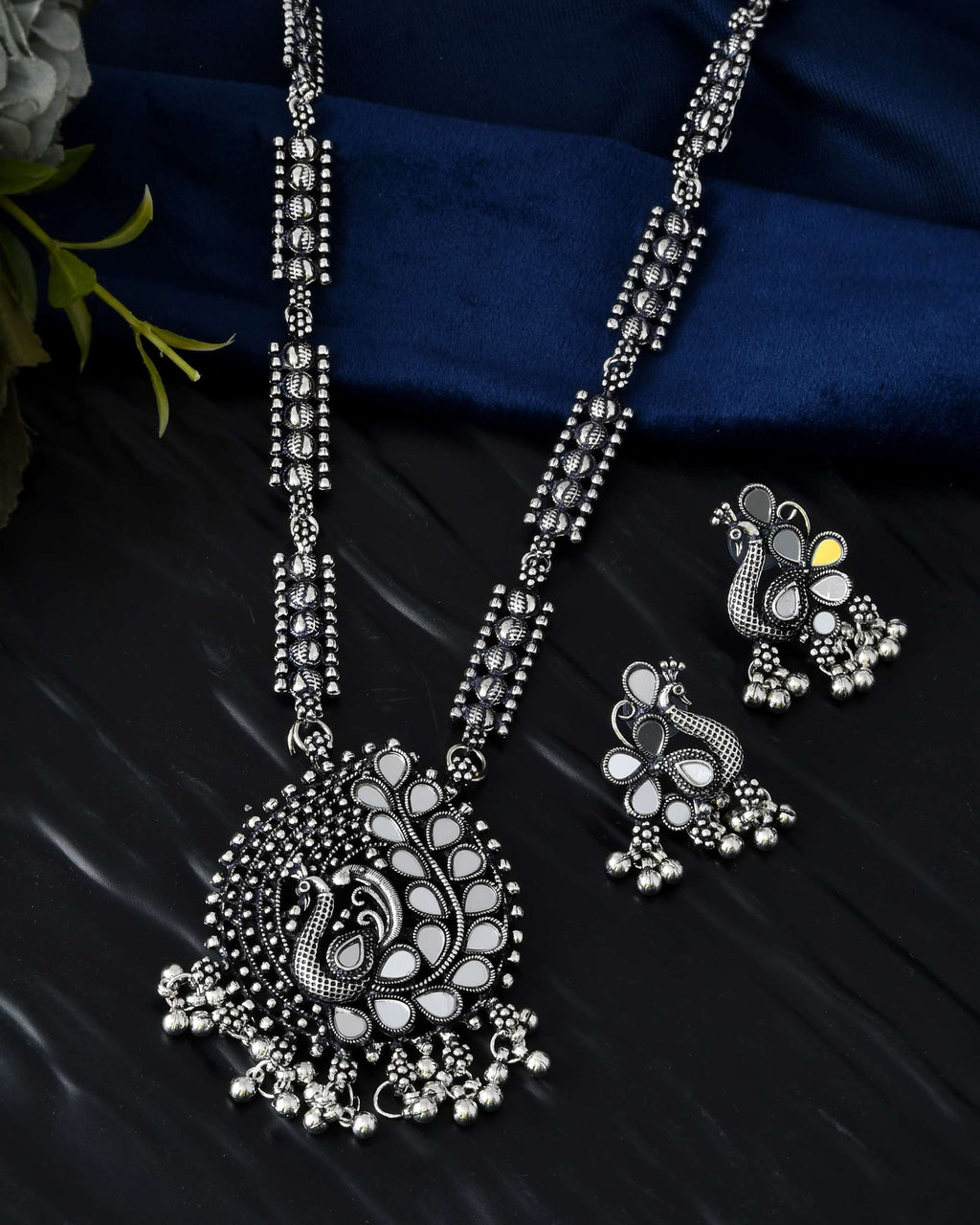 Jewels Nest Antique Long Oxidised Necklace Set with Statement Pendant