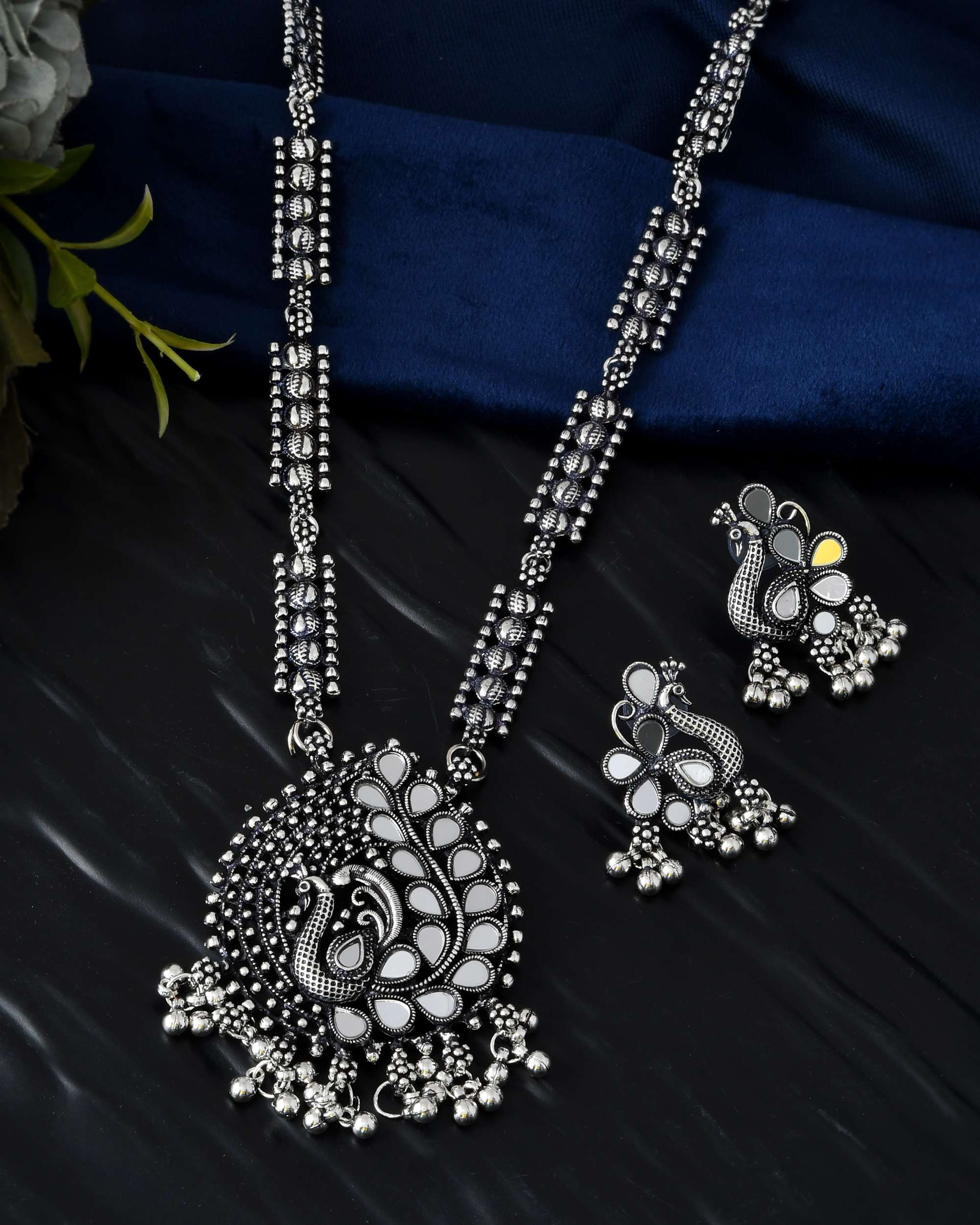 Jewels Nest Antique Long Oxidised Necklace Set with Statement Pendant