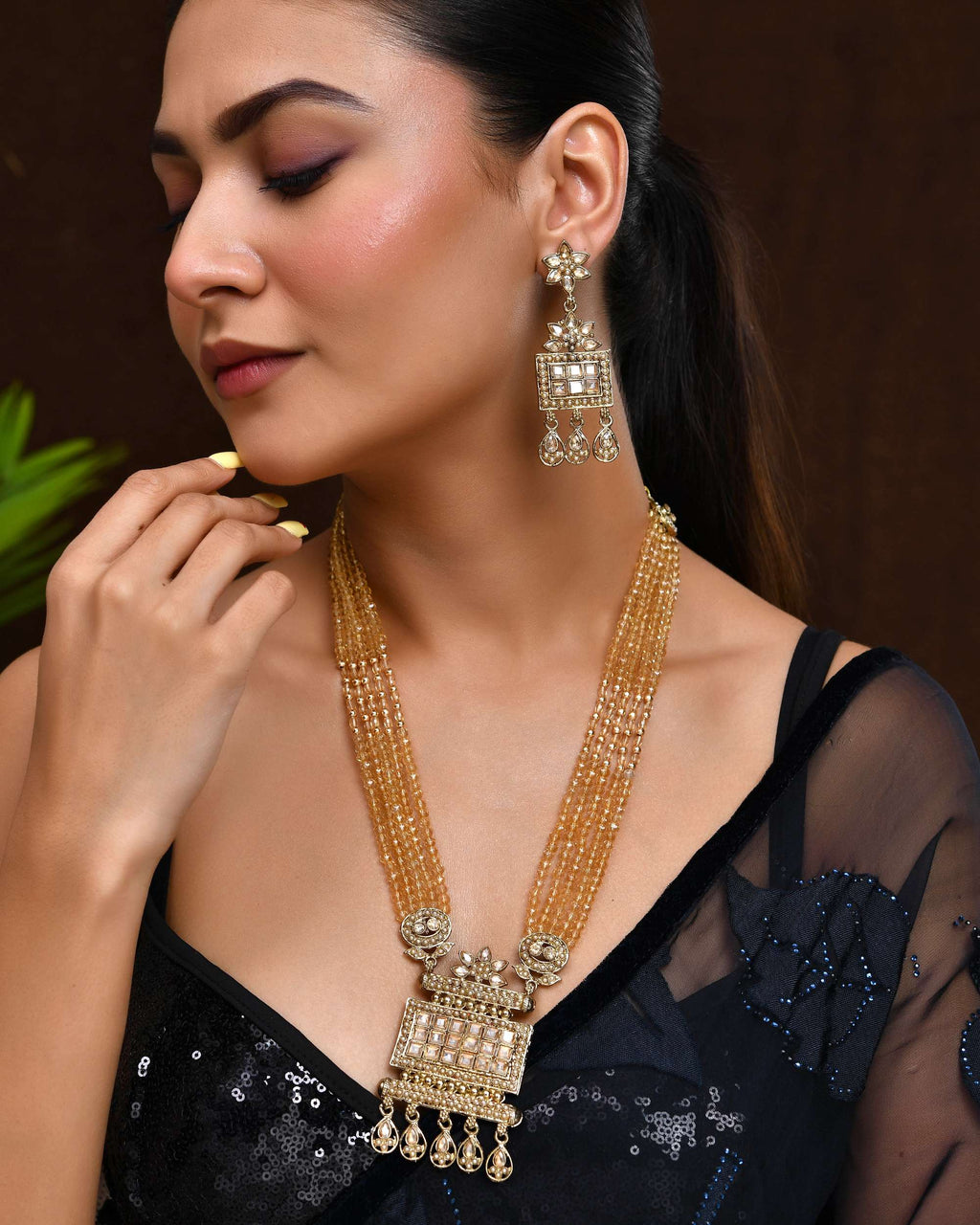Jewels Nest Ethnic Multi-Strand Golden Bead Necklace Set for Women