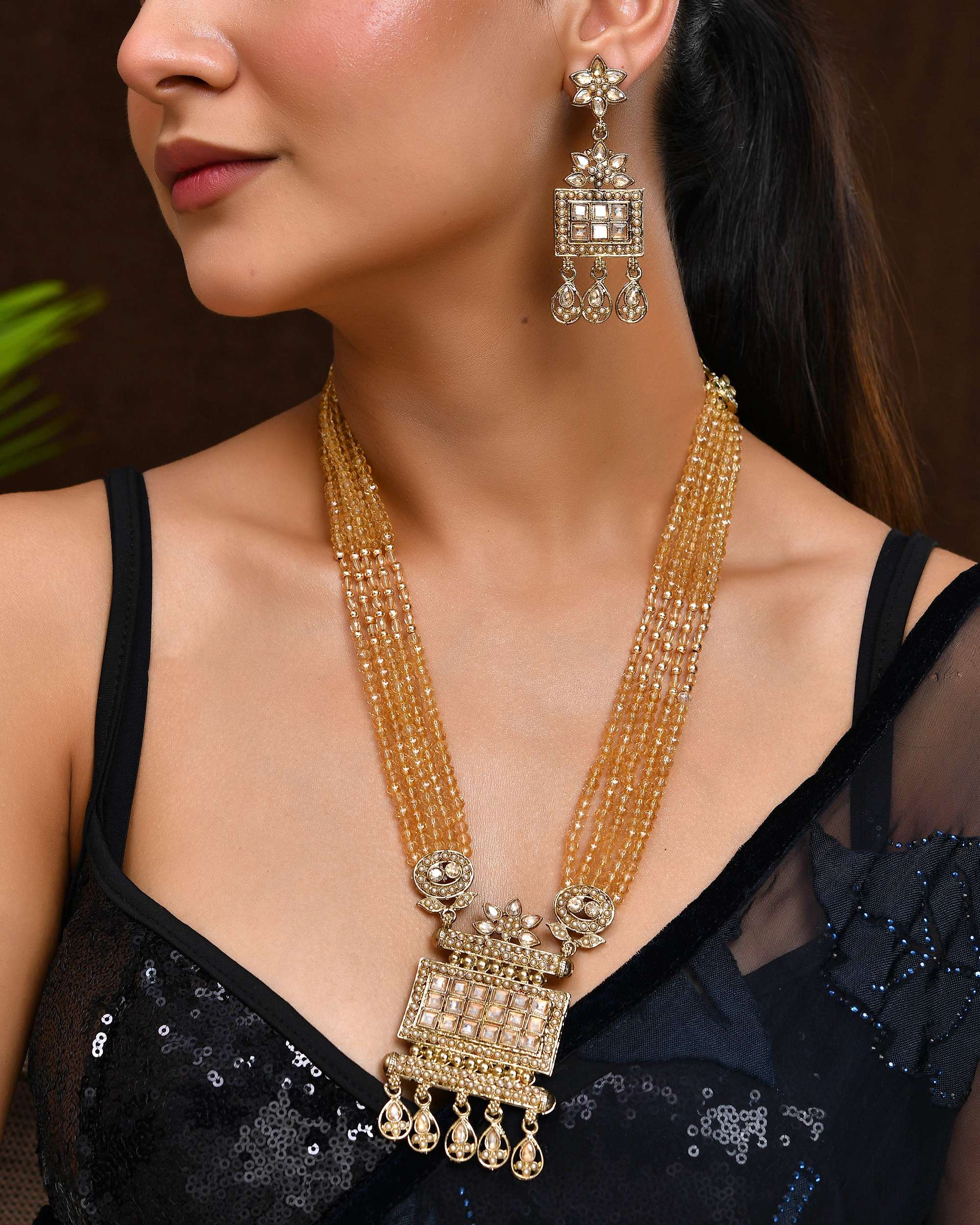 Jewels Nest Ethnic Multi-Strand Golden Bead Necklace Set for Women