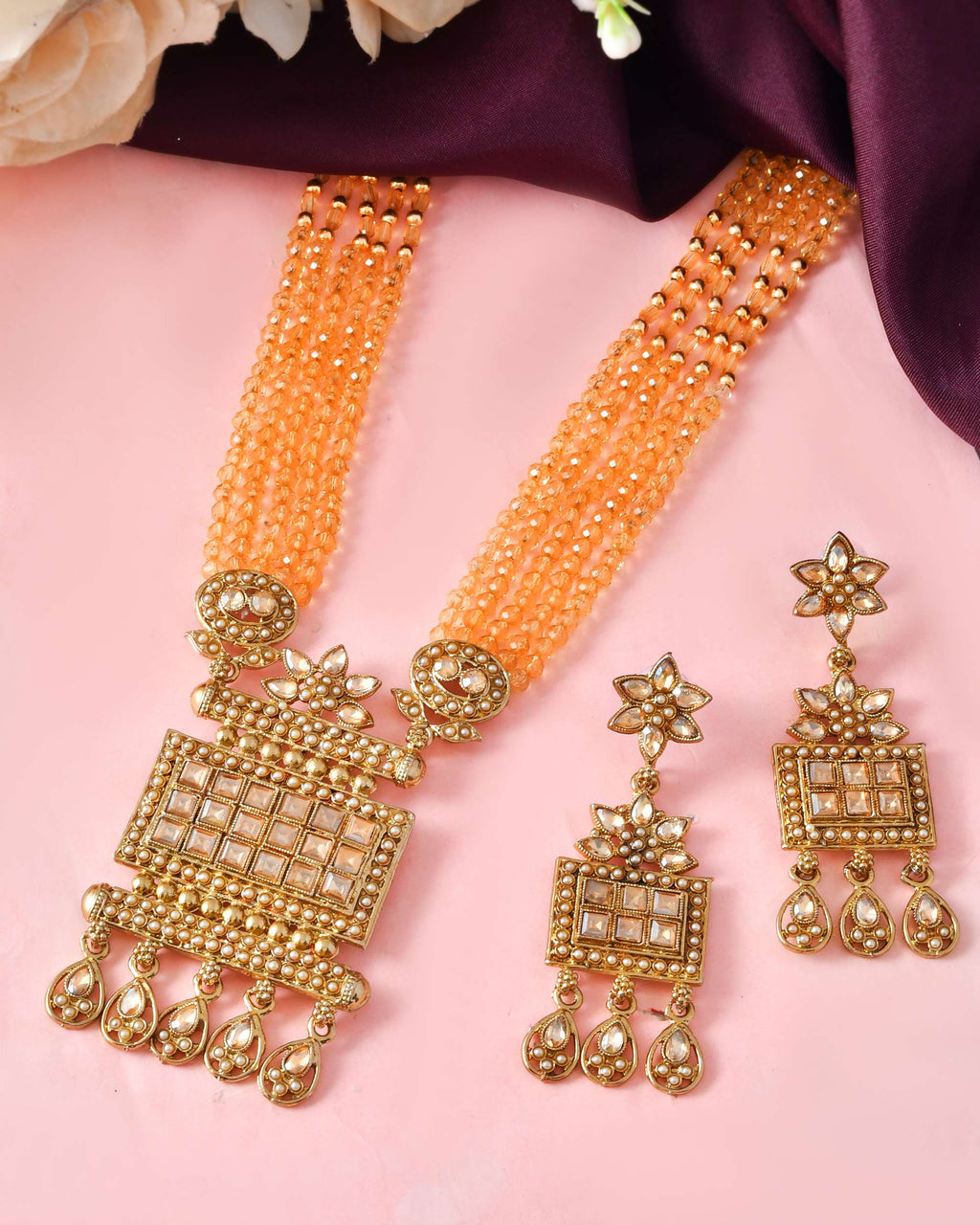 Jewels Nest Ethnic Multi-Strand Golden Bead Necklace Set for Women