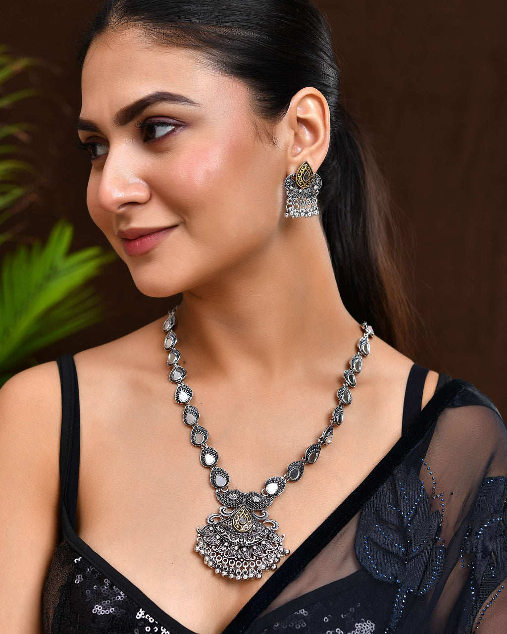 Jewels Nest Tribal Oxidised Silver Necklace with Gold Accent Pendant