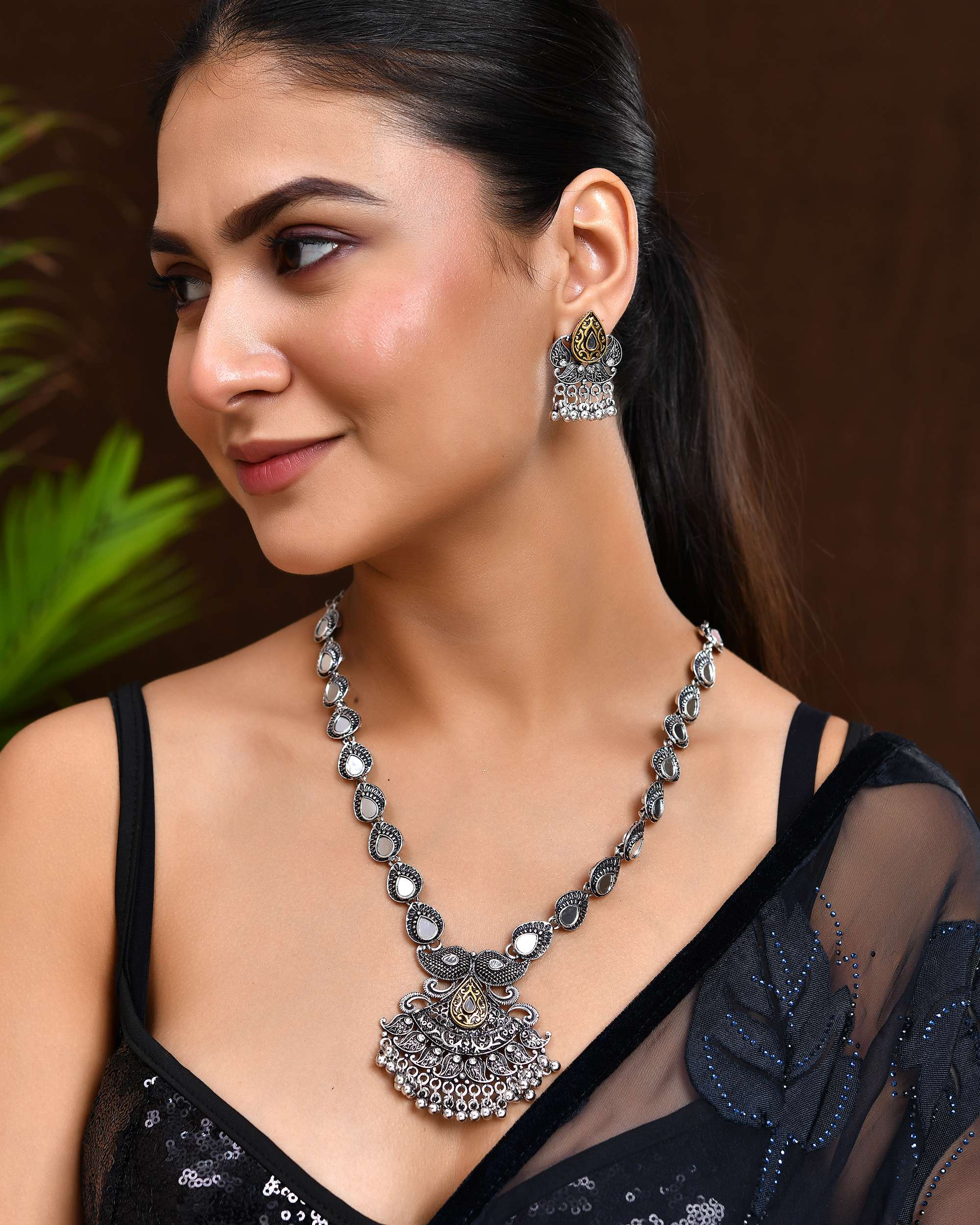 Jewels Nest Tribal Oxidised Silver Necklace with Gold Accent Pendant