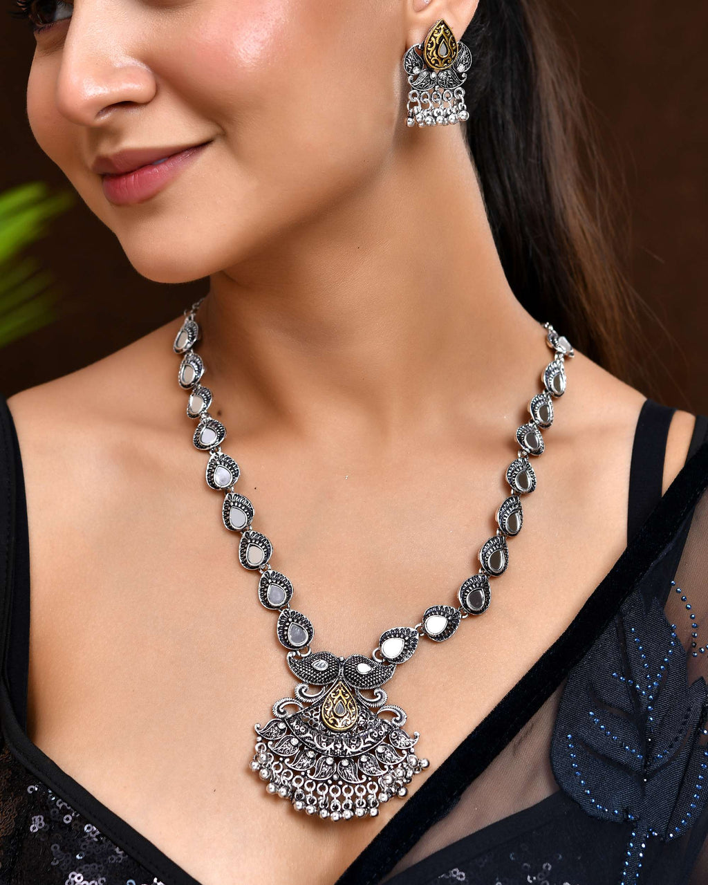 Jewels Nest Tribal Oxidised Silver Necklace with Gold Accent Pendant