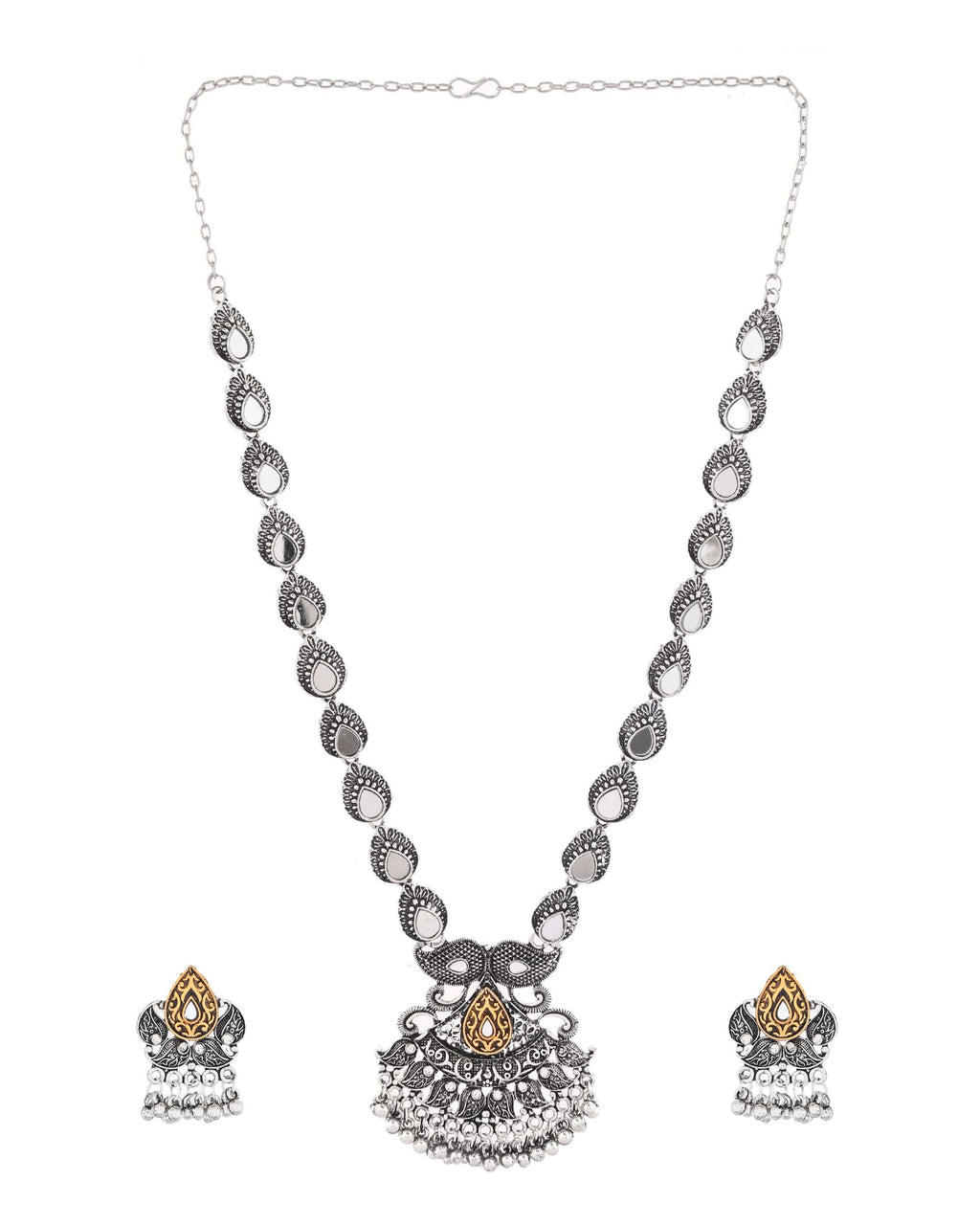 Jewels Nest Tribal Oxidised Silver Necklace with Gold Accent Pendant