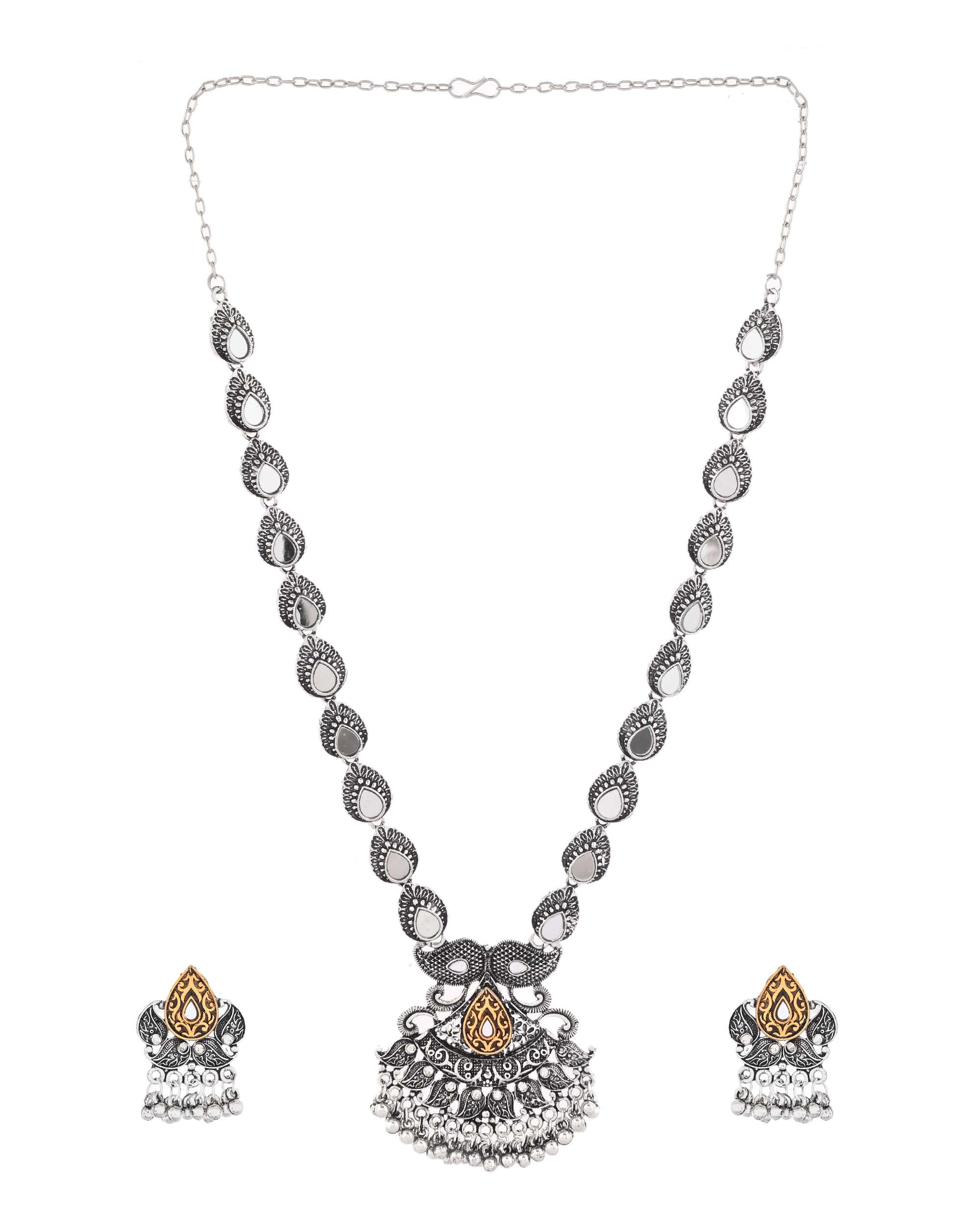 Jewels Nest Tribal Oxidised Silver Necklace with Gold Accent Pendant
