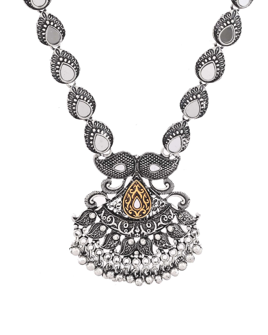 Jewels Nest Tribal Oxidised Silver Necklace with Gold Accent Pendant