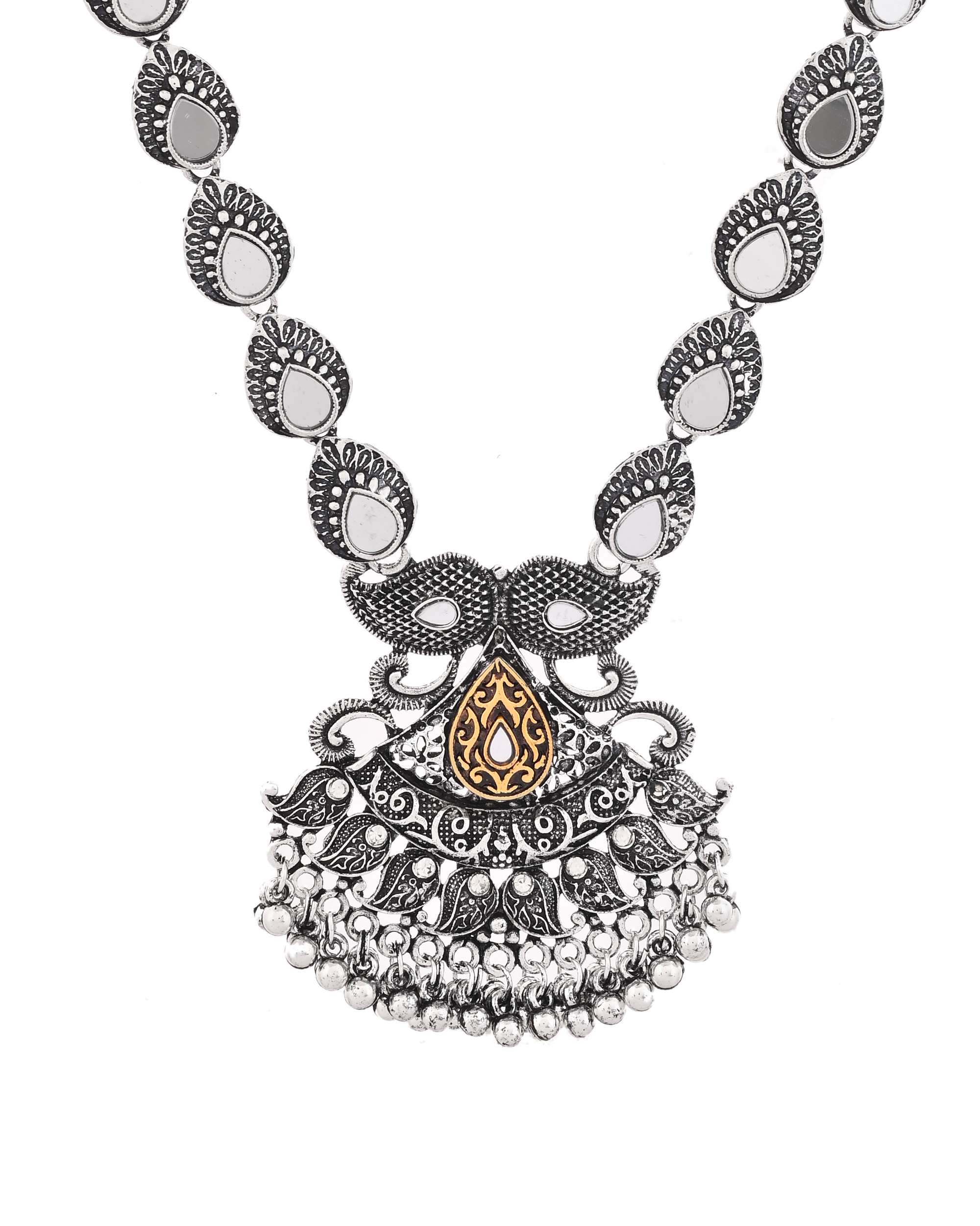 Jewels Nest Tribal Oxidised Silver Necklace with Gold Accent Pendant