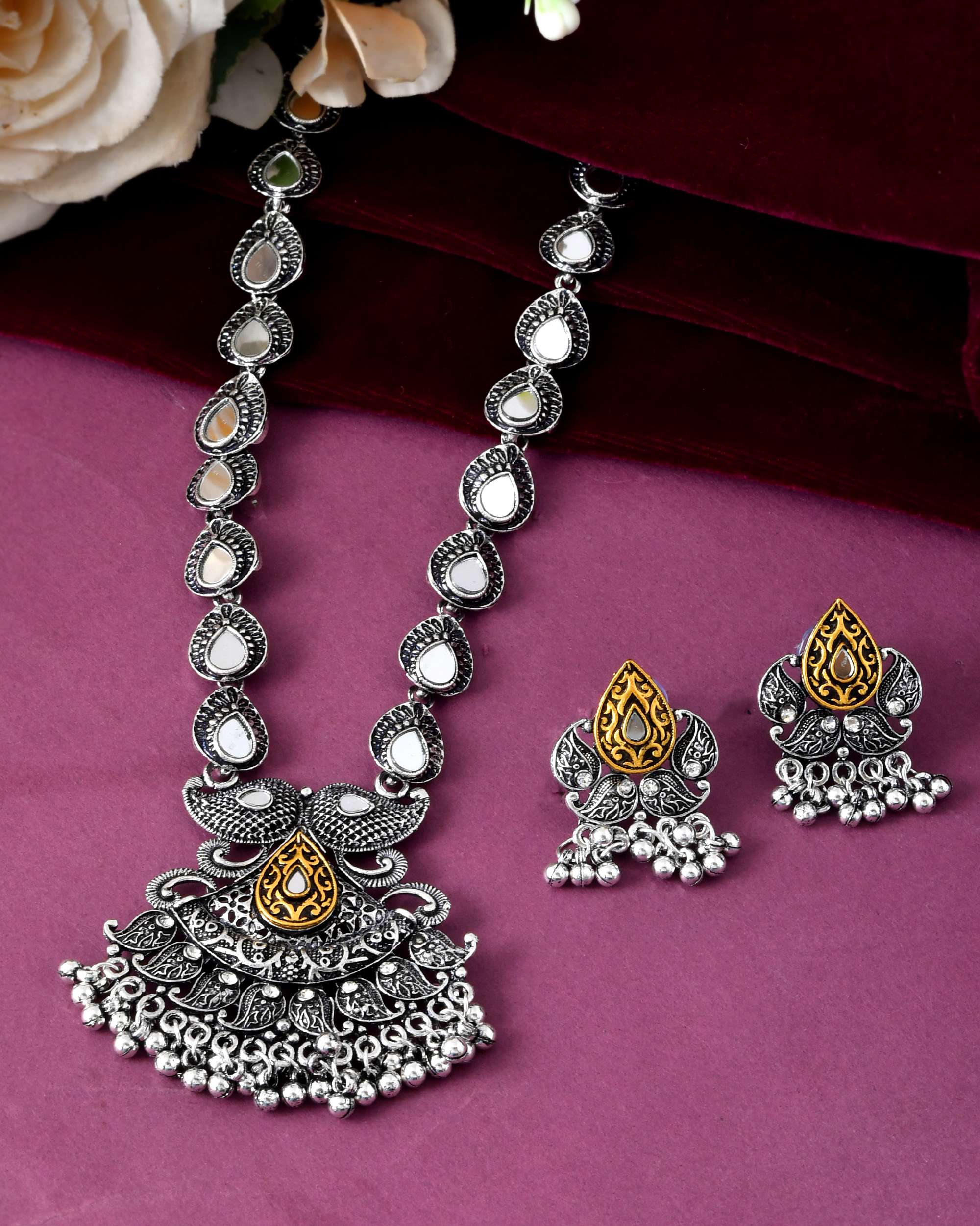 Jewels Nest Tribal Oxidised Silver Necklace with Gold Accent Pendant