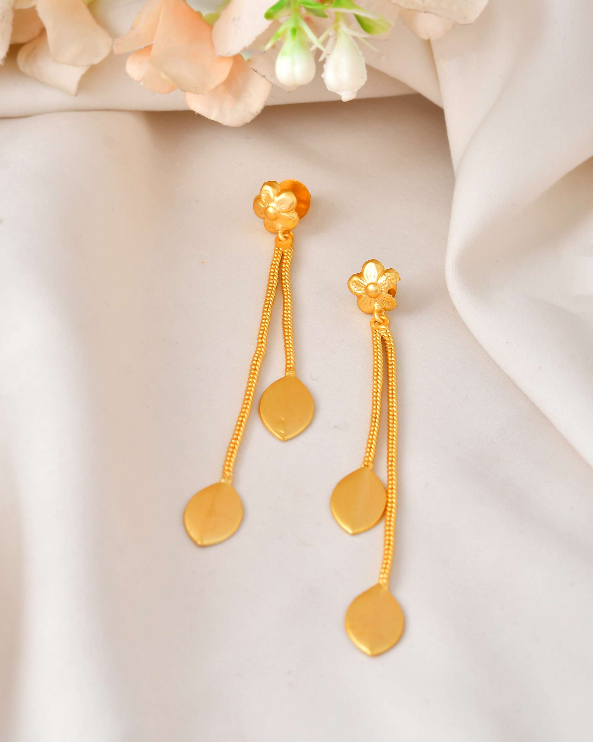 Jewels Nest Gold-Plated Leaf Chain Drop Earrings | Elegant Dual-Strand Dangler with Matte Finish Petals - Distacart