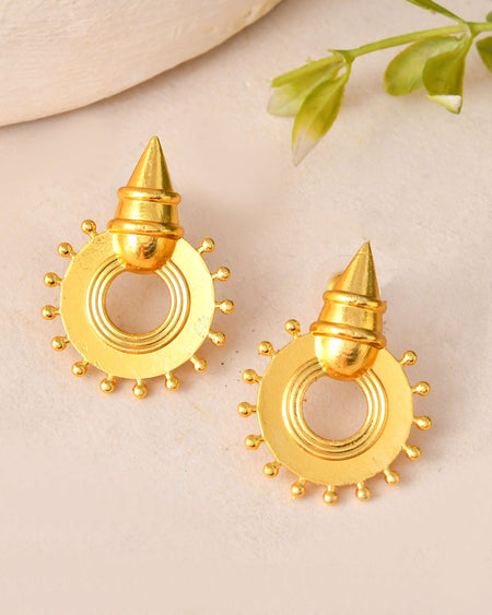 Jewels Nest Temple-Inspired Gold-Plated Stud Earrings | Traditional Cone & Ring Design with Beaded Detailing