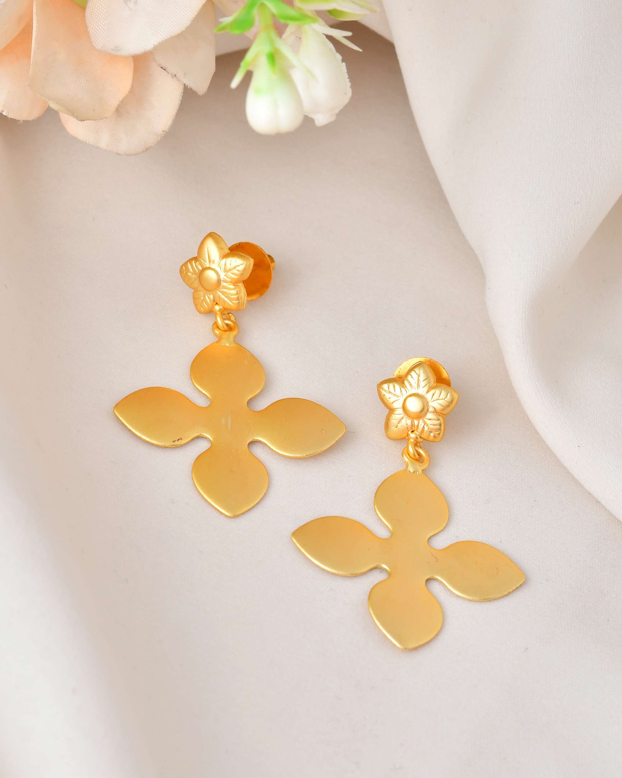 Jewels Nest Floral Bliss Drop Earrings | Elegant Matte Gold Designer Stud Danglers - Distacart