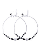 Jewels Nest Set of 2 Silver-Plated Stainless Steel Beaded Anklets with Artificial Black Stones & Floral Charms - Distacart