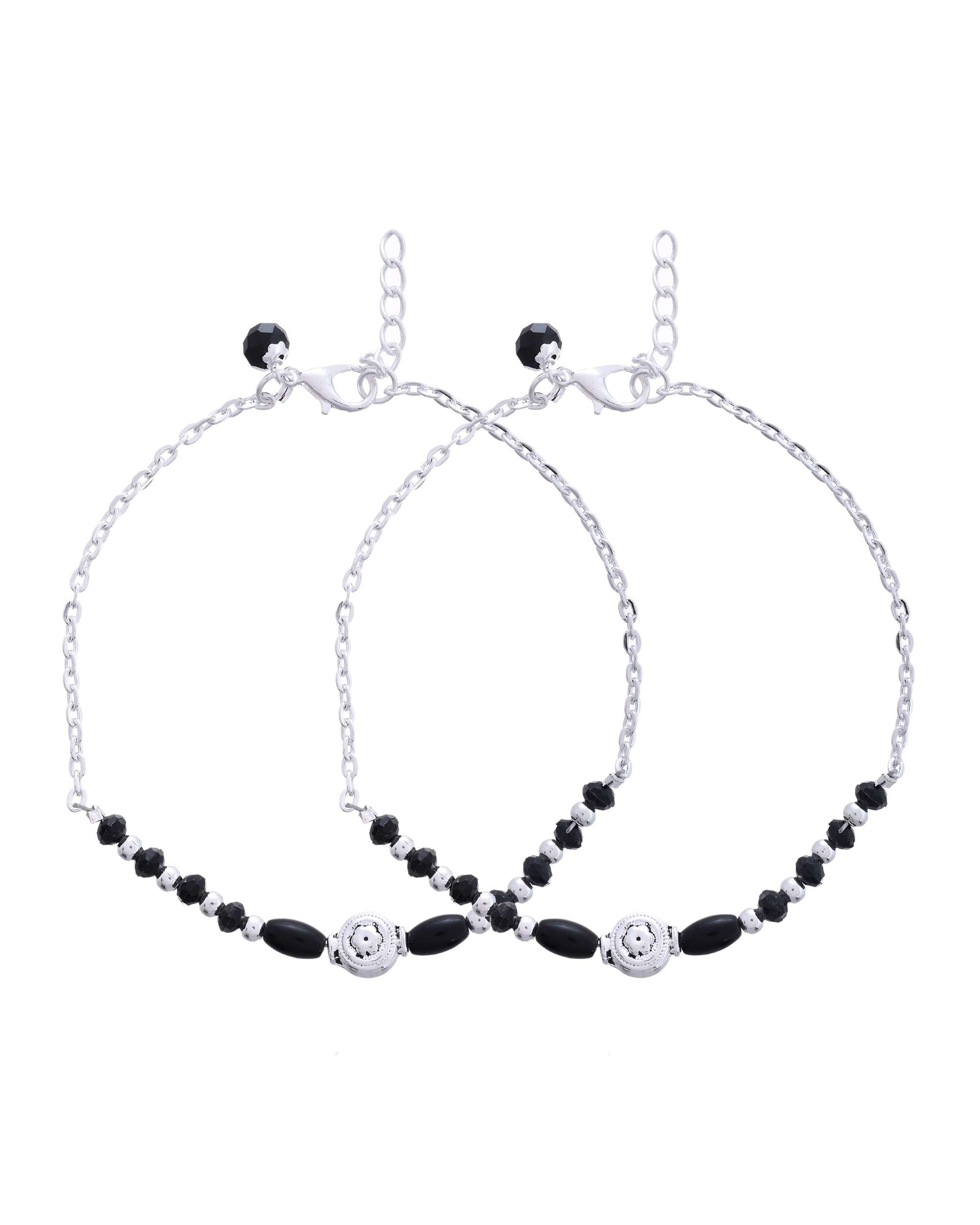 Jewels Nest Set of 2 Silver-Plated Stainless Steel Beaded Anklets with Artificial Black Stones & Floral Charms - Distacart