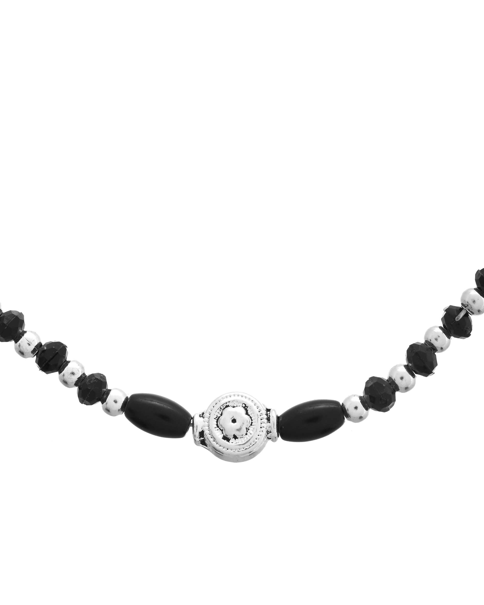 Jewels Nest Set of 2 Silver-Plated Stainless Steel Beaded Anklets with Artificial Black Stones & Floral Charms - Distacart